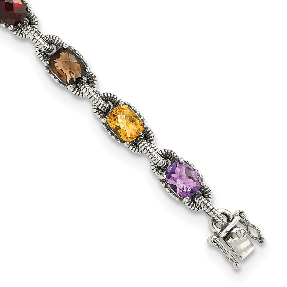 925 Ss Antiqued Cushion Amethyst Citrine Garnet Peridot Smoky Quartz Bracelet